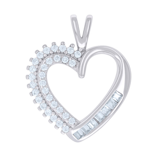 Sterling Silver Womens Baguette Round Cubic-Zirconia Heart Charm Pendant