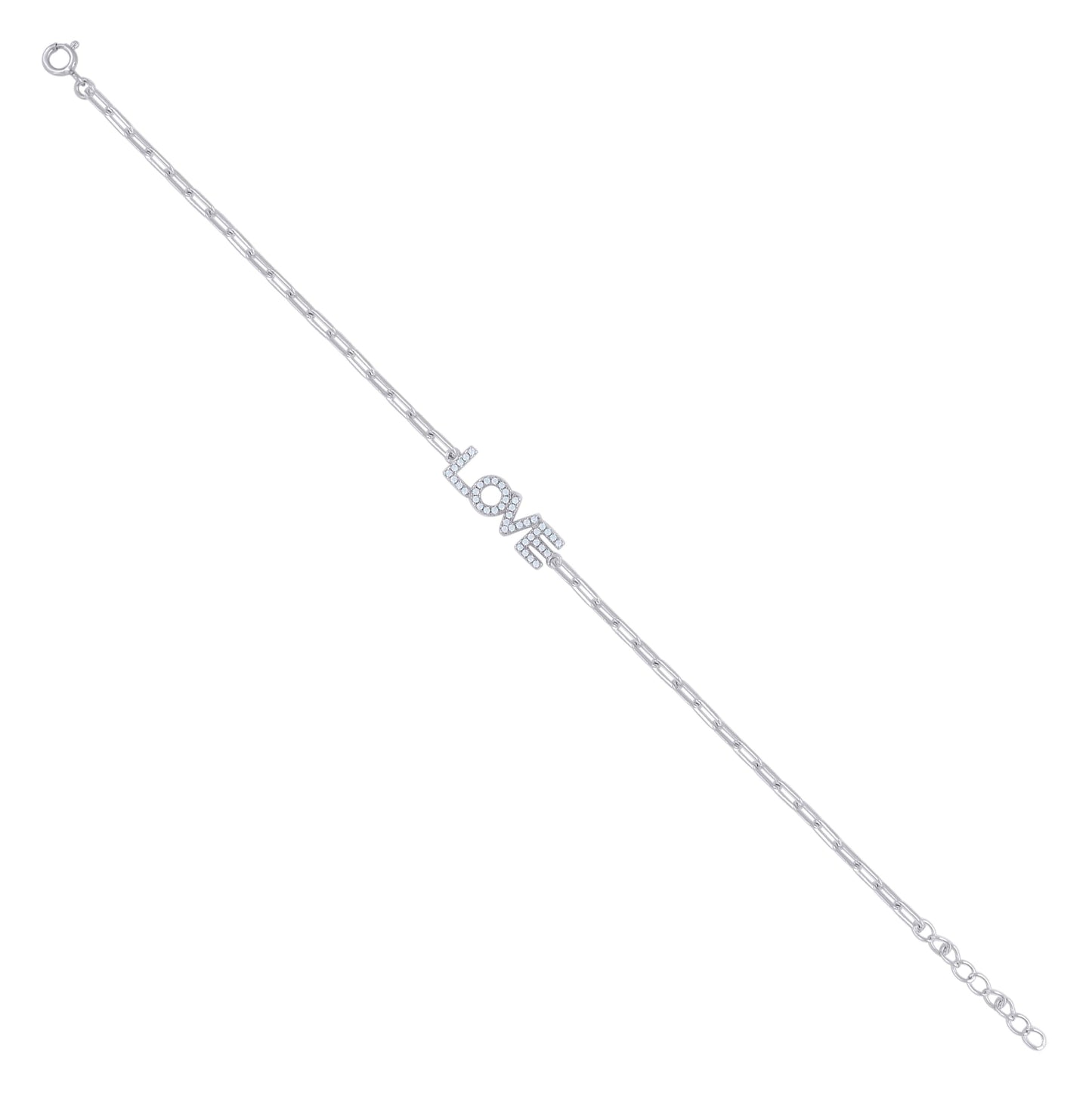 Sterling Silver Womens Cubic-Zirconia LOVE Charm Bracelet Size 7 + 1 Inches