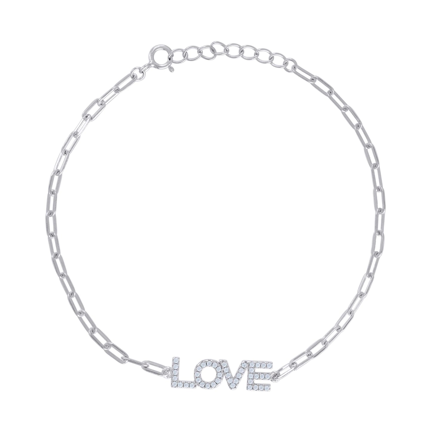 Sterling Silver Womens Cubic-Zirconia LOVE Charm Bracelet Size 7 + 1 Inches