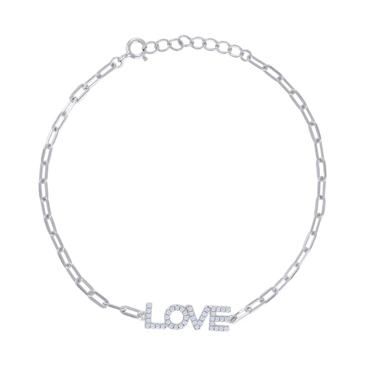 Sterling Silver Womens Cubic-Zirconia LOVE Charm Bracelet Size 7 + 1 Inches