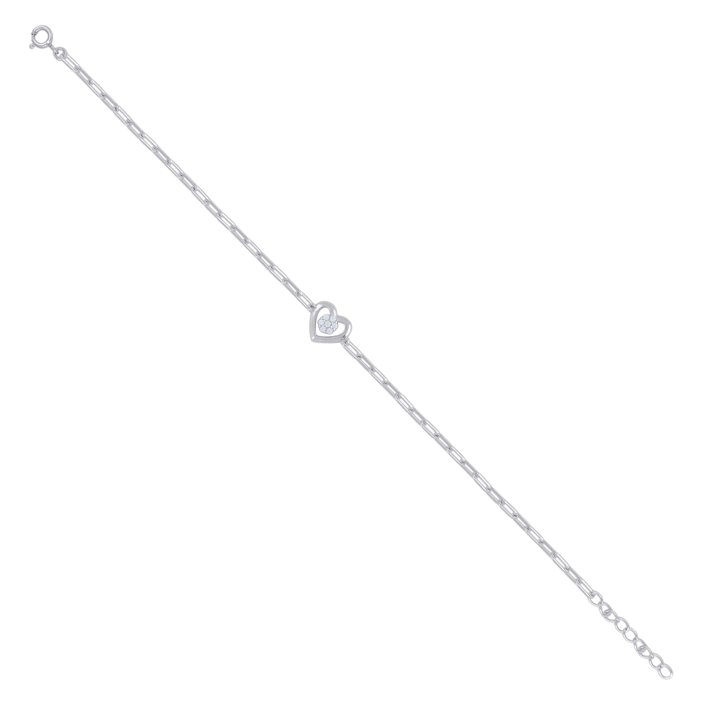 Sterling Silver Womens Cubic-Zirconia Heart Charm Bracelet Size 7 + 1 Inches