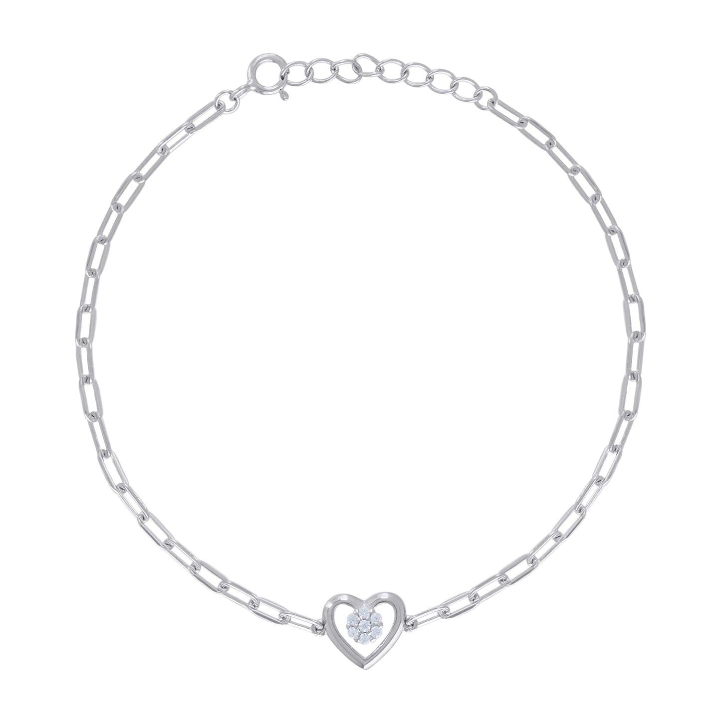 Sterling Silver Womens Cubic-Zirconia Heart Charm Bracelet Size 7 + 1 Inches