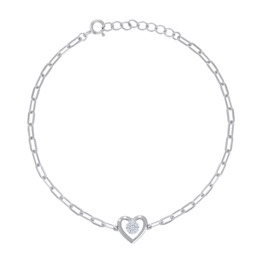 Sterling Silver Womens Cubic-Zirconia Heart Charm Bracelet Size 7 + 1 Inches