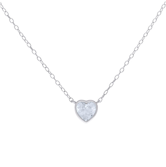 Sterling Silver Womens Heart Cubic-Zirconia Heart Charm Necklace Size 16 + 2 Inches