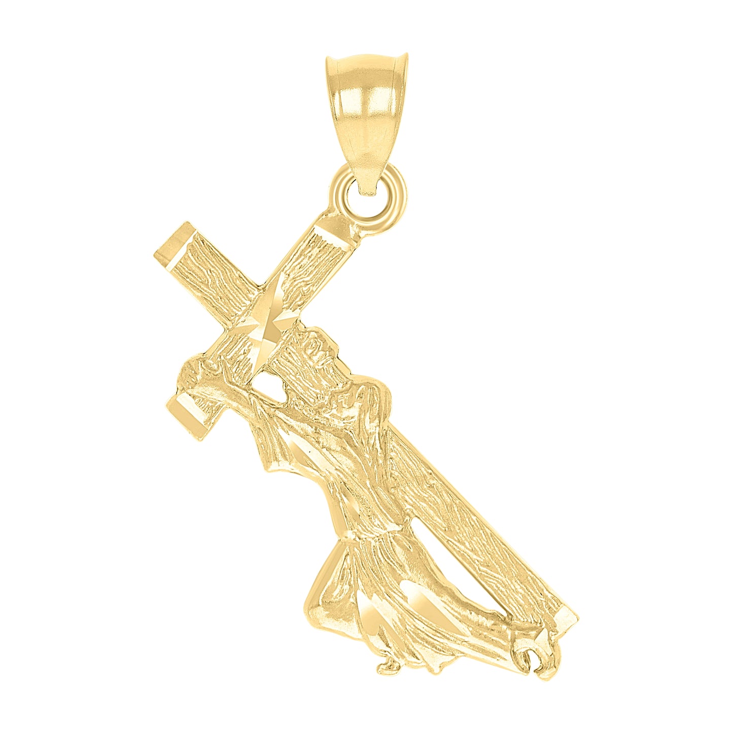 10K Yellow Gold Diamond-Cut Unisex Jesus Carrying Cross Religious Charm Pendant