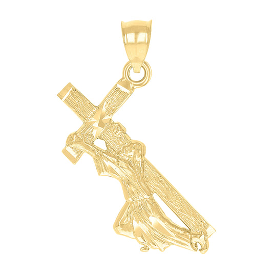 10K Yellow Gold Diamond-Cut Unisex Jesus Carrying Cross Religious Charm Pendant
