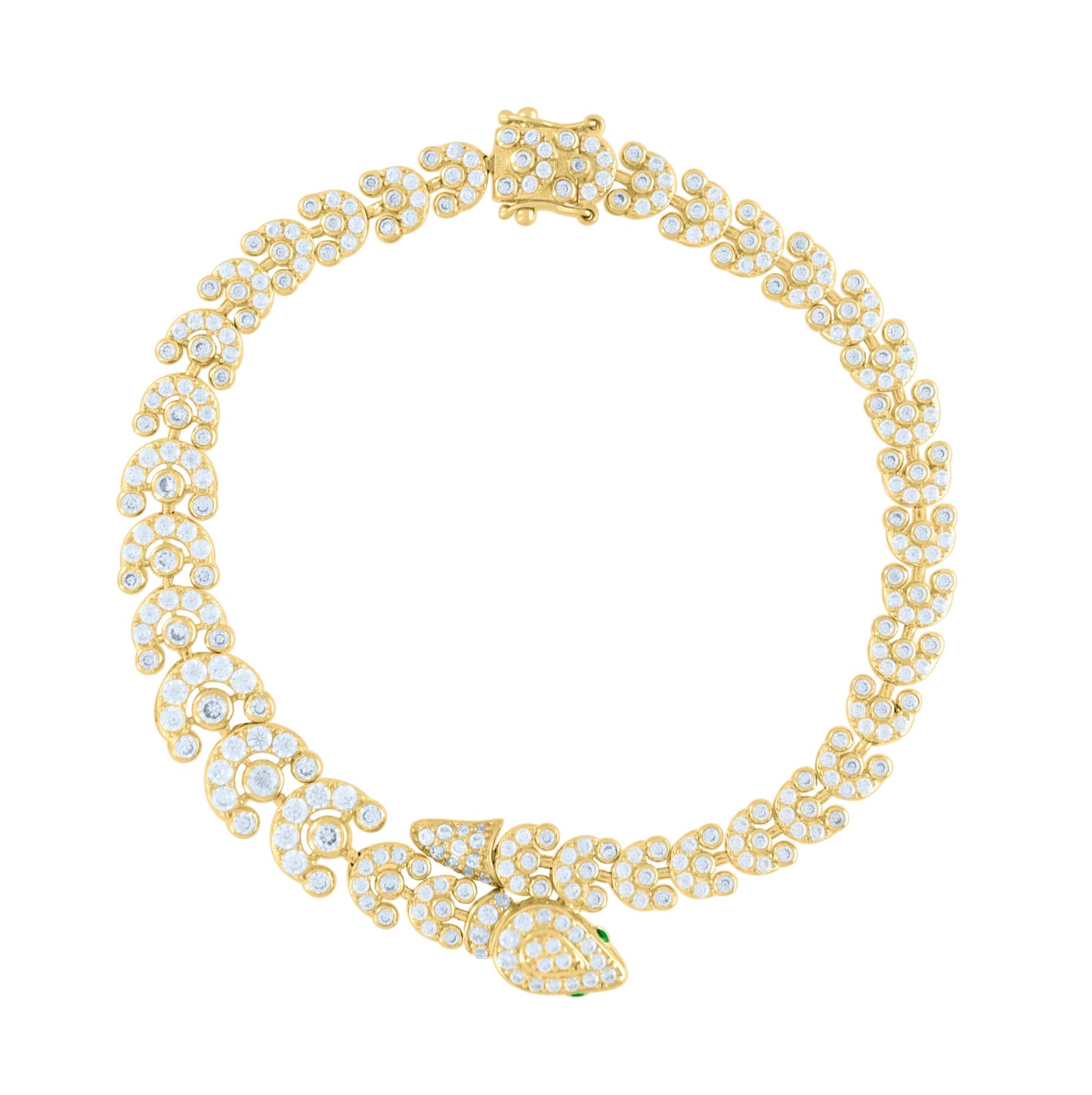 10K Yellow Gold Womens Green White Cubic-Zirconia Snake Link Fashion Bracelet Size 7.5 Inches