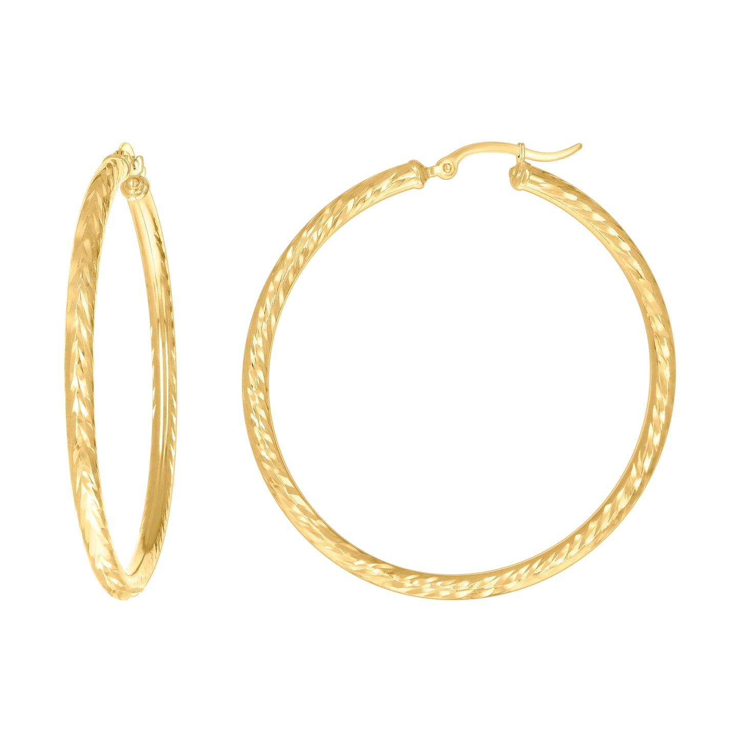 10K Yellow Gold Womens Round Tube Diamond-cut Patterned Fancy Hoop Earrings 3mm