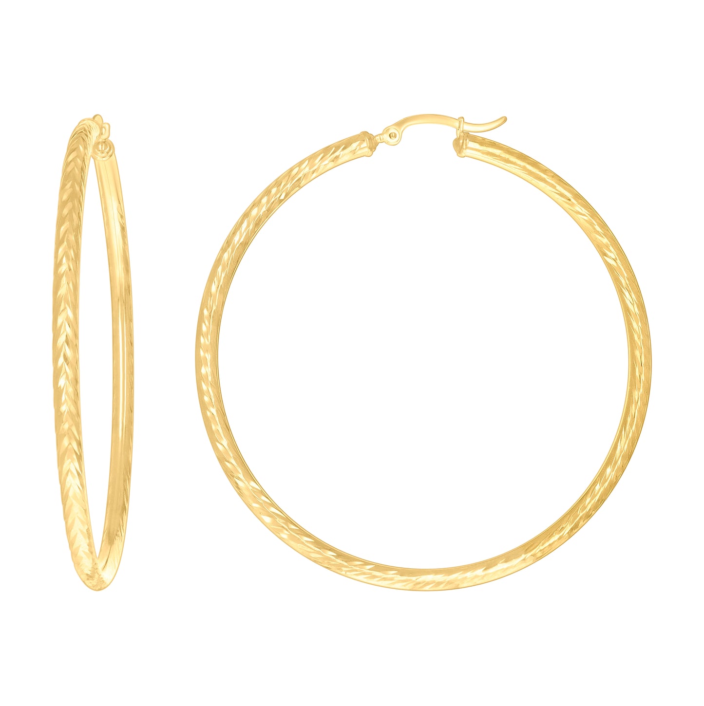 10K Yellow Gold Womens Round Tube Diamond-cut Patterned Fancy Hoop Earrings 3mm