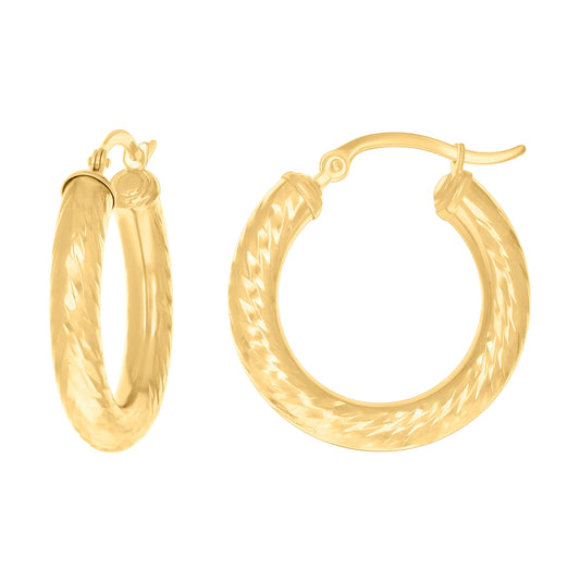 10K Yellow Gold Womens Round Tube Diamond-cut Patterned Fancy Hoop Earrings 4mm