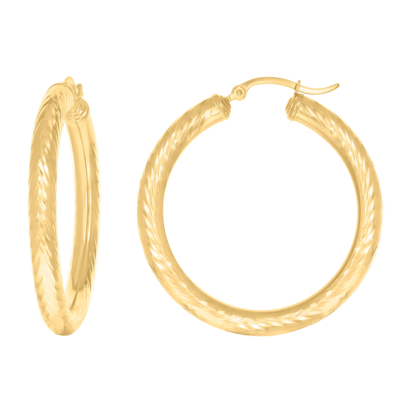 10K Yellow Gold Womens Round Tube Diamond-cut Patterned Fancy Hoop Earrings 4mm