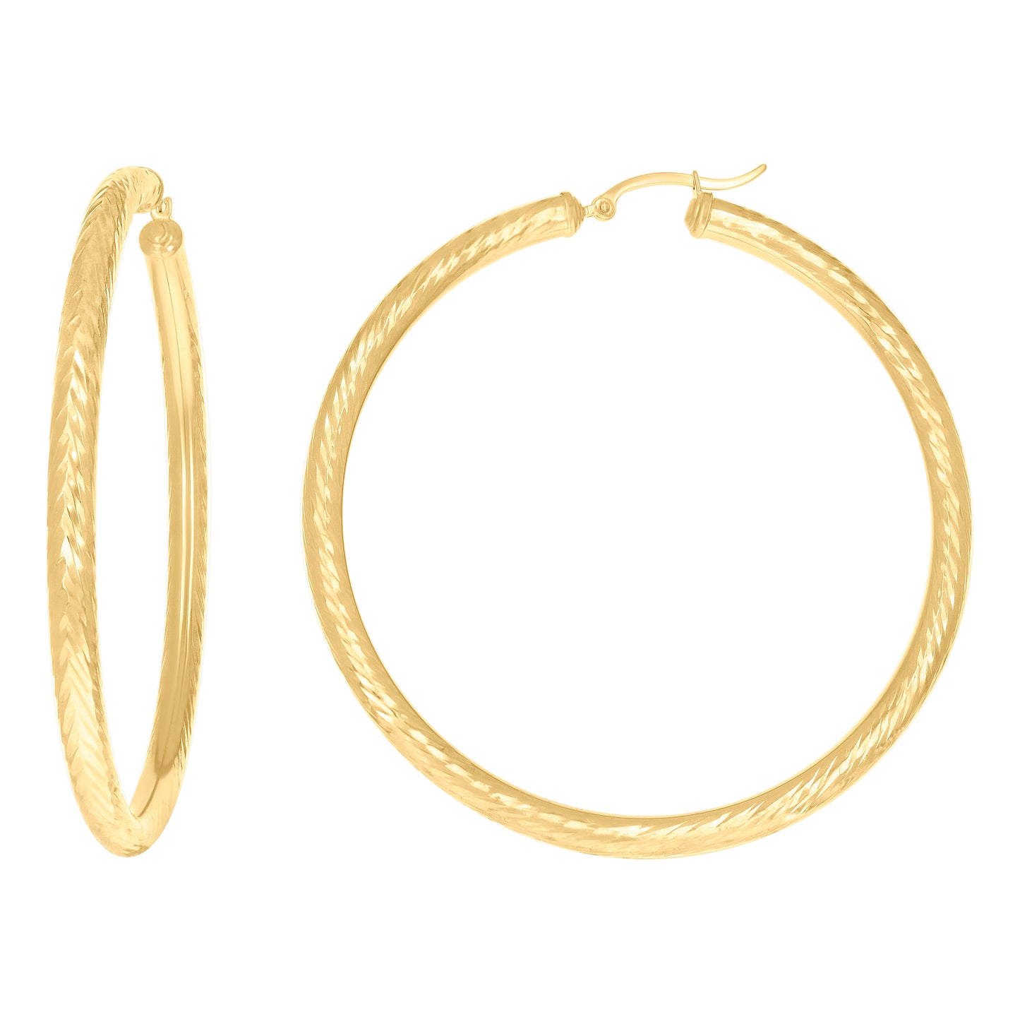 10K Yellow Gold Womens Round Tube Diamond-cut Patterned Fancy Hoop Earrings 4mm