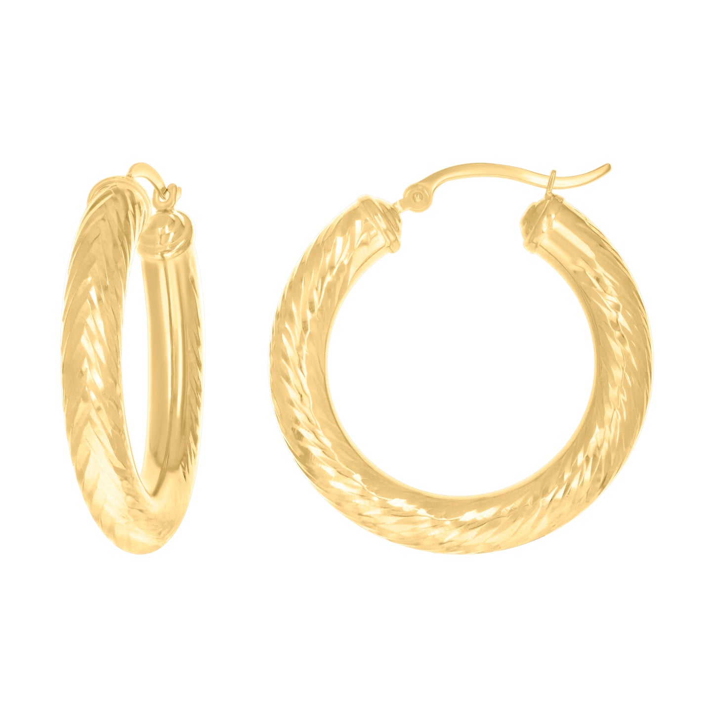 10K Yellow Gold Womens Round Tube Diamond-cut Patterned Fancy Hoop Earrings