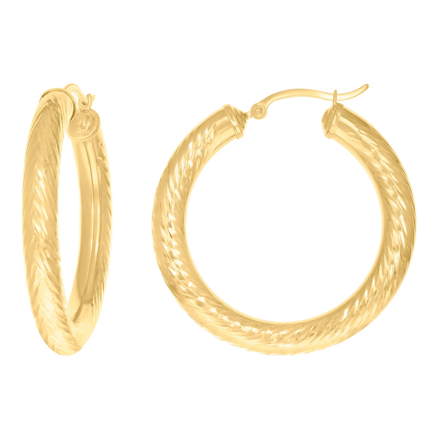 10K Yellow Gold Womens Round Tube Diamond-cut Patterned Fancy Hoop Earrings