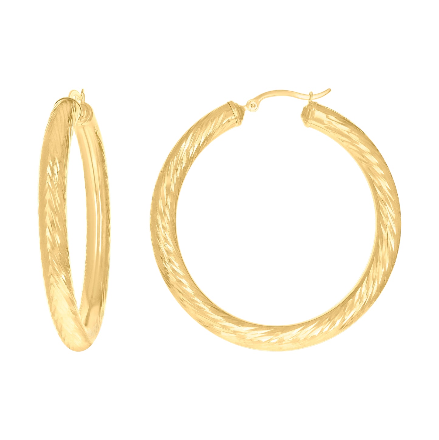 10K Yellow Gold Womens Round Tube Diamond-cut Patterned Fancy Hoop Earrings