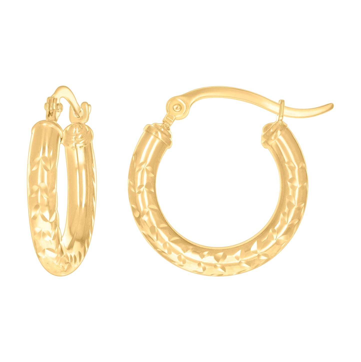 10K Yellow Gold Womens Diamond-cut Round Tube Patterned Hoop Earrings 3mm