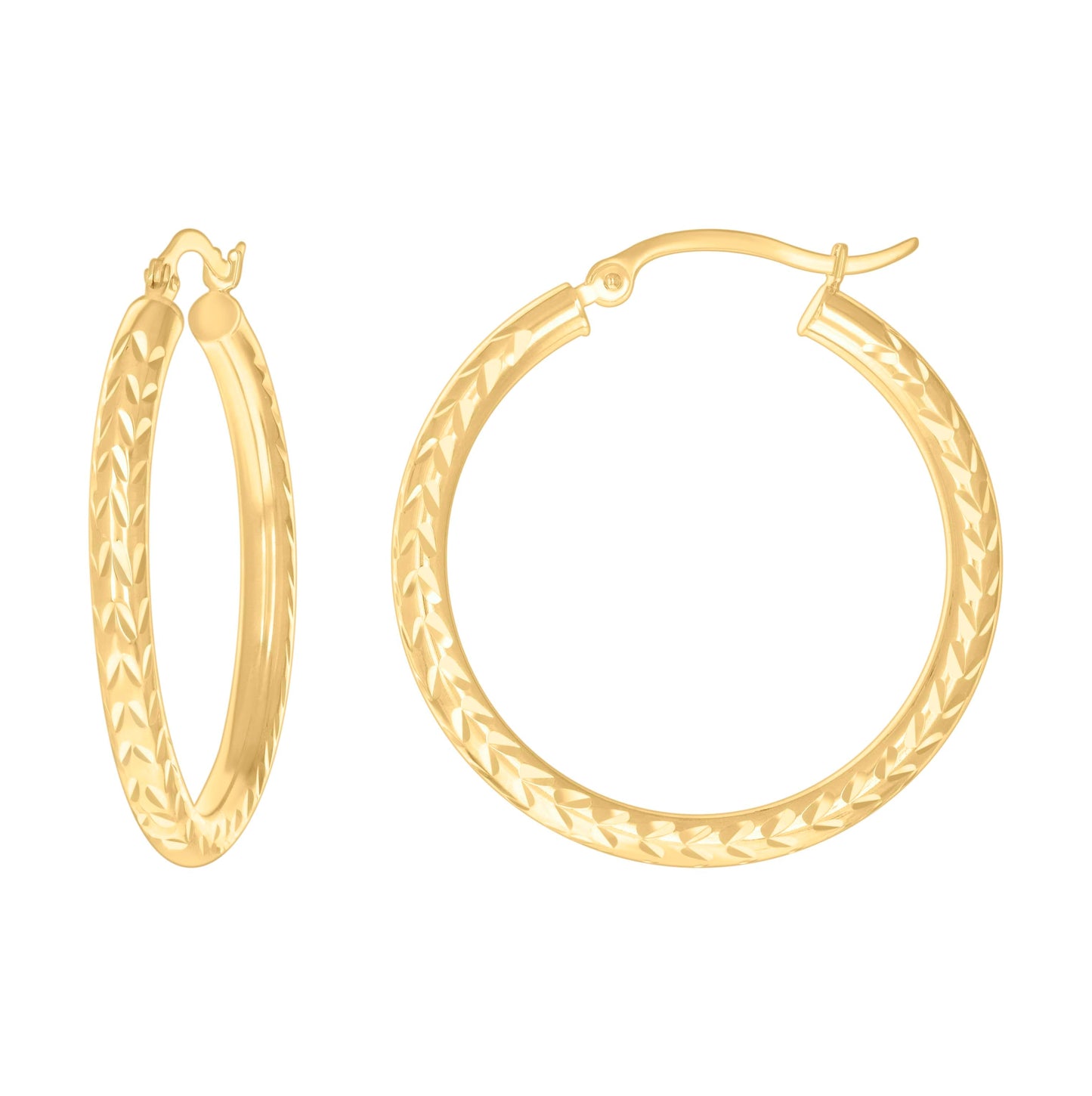 10K Yellow Gold Womens Diamond-cut Round Tube Patterned Hoop Earrings 3mm