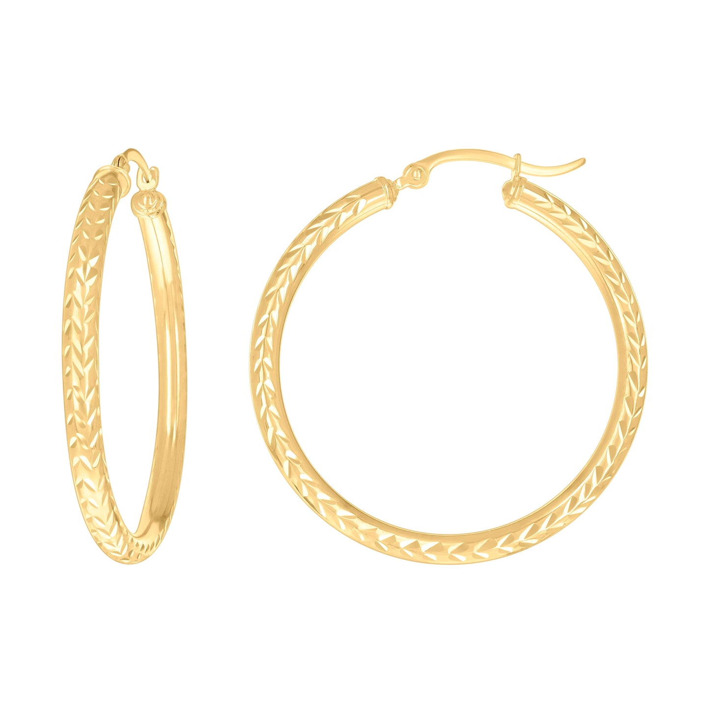10K Yellow Gold Womens Diamond-cut Round Tube Patterned Hoop Earrings 3mm