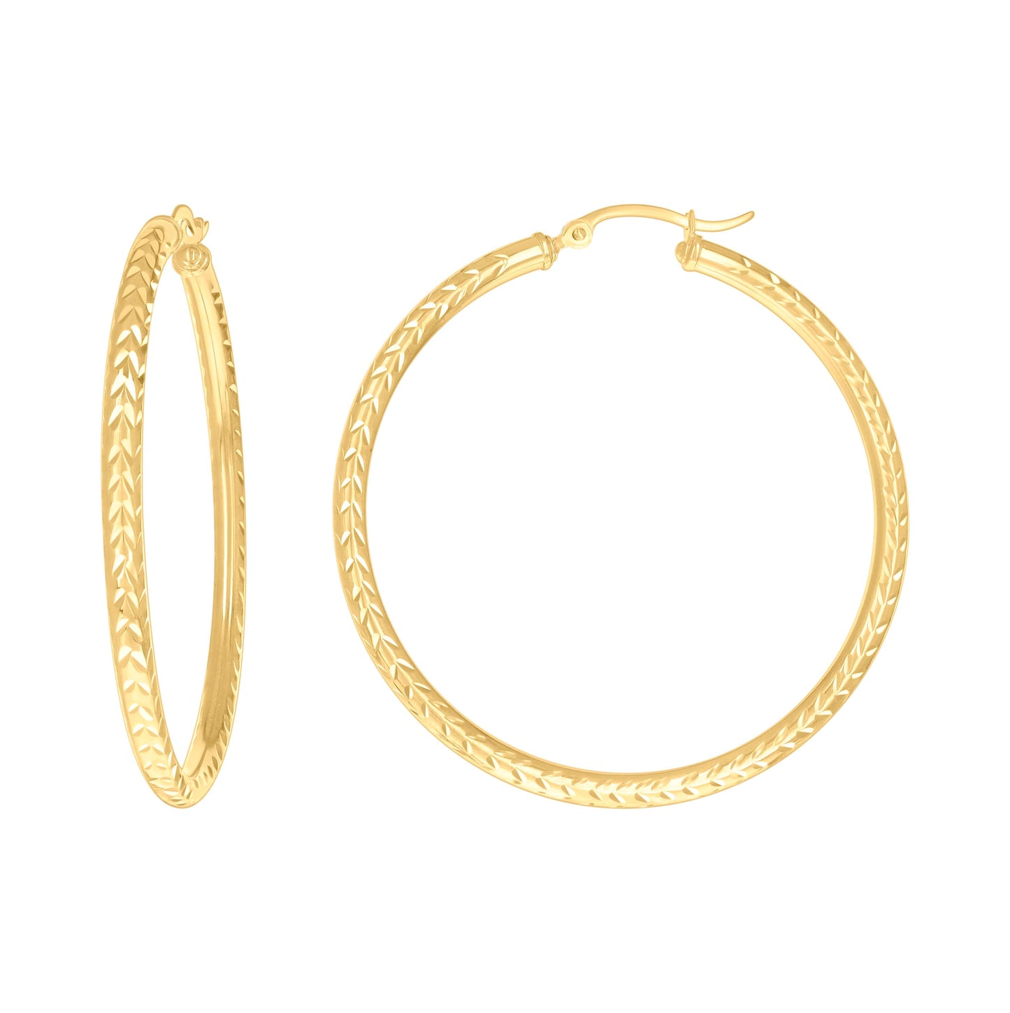 10K Yellow Gold Womens Diamond-cut Round Tube Patterned Hoop Earrings 3mm
