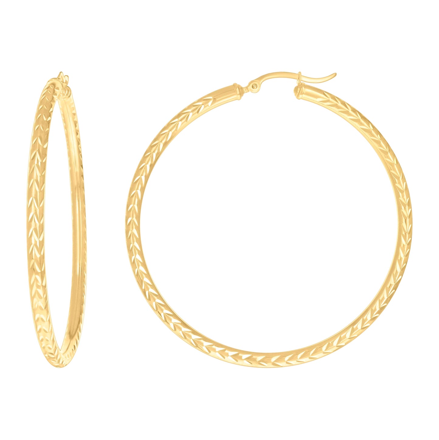 10K Yellow Gold Womens Diamond-cut Round Tube Patterned Hoop Earrings 3mm