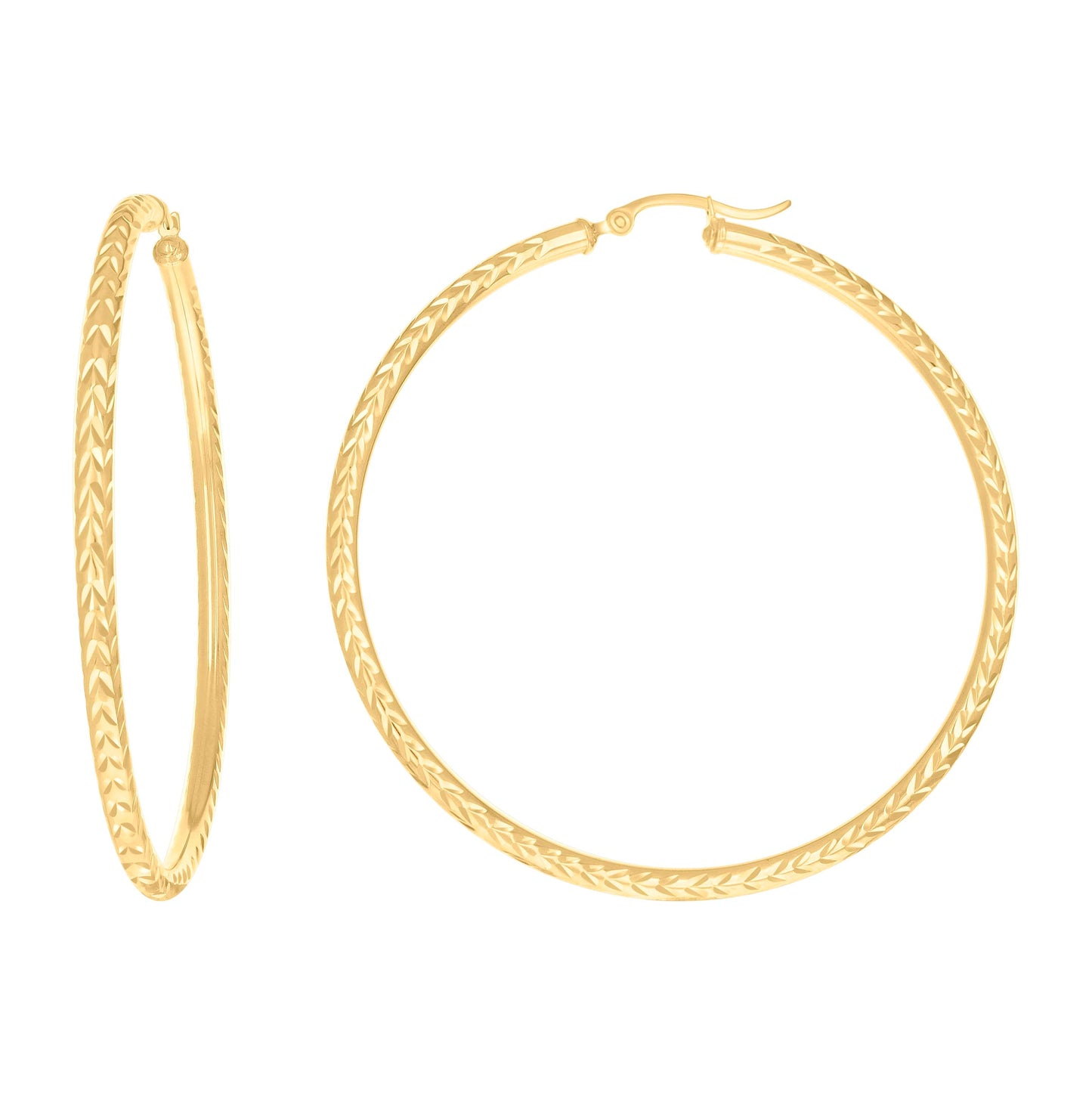 10K Yellow Gold Womens Diamond-cut Round Tube Patterned Hoop Earrings 3mm