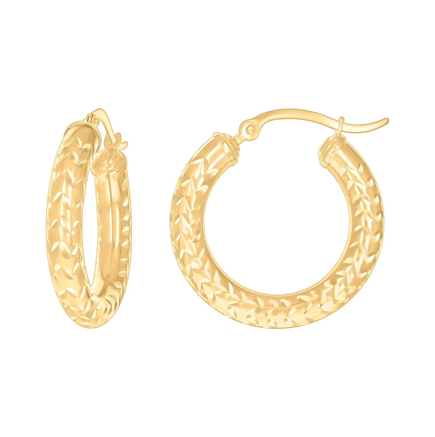 10K Yellow Gold Womens Diamond-cut Round Tube Patterned Hoop Earrings 4mm