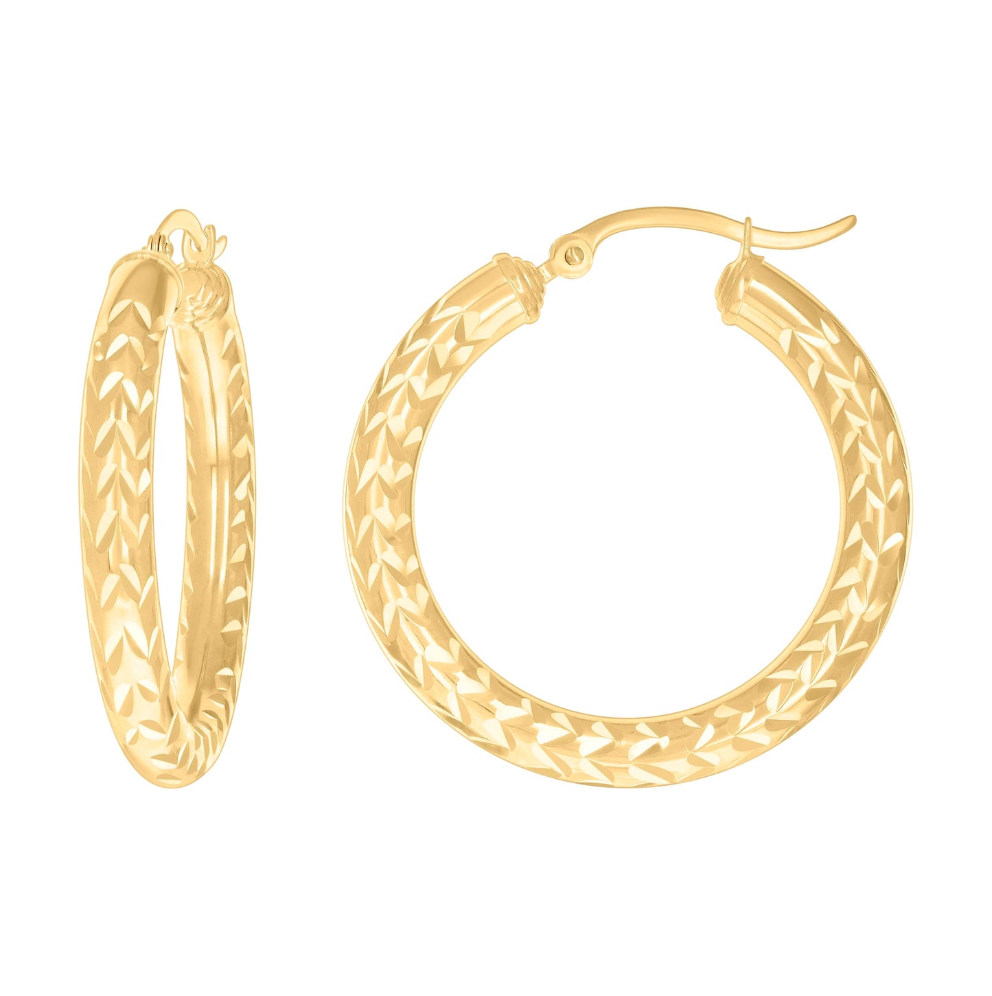 10K Yellow Gold Womens Diamond-cut Round Tube Patterned Hoop Earrings 4mm