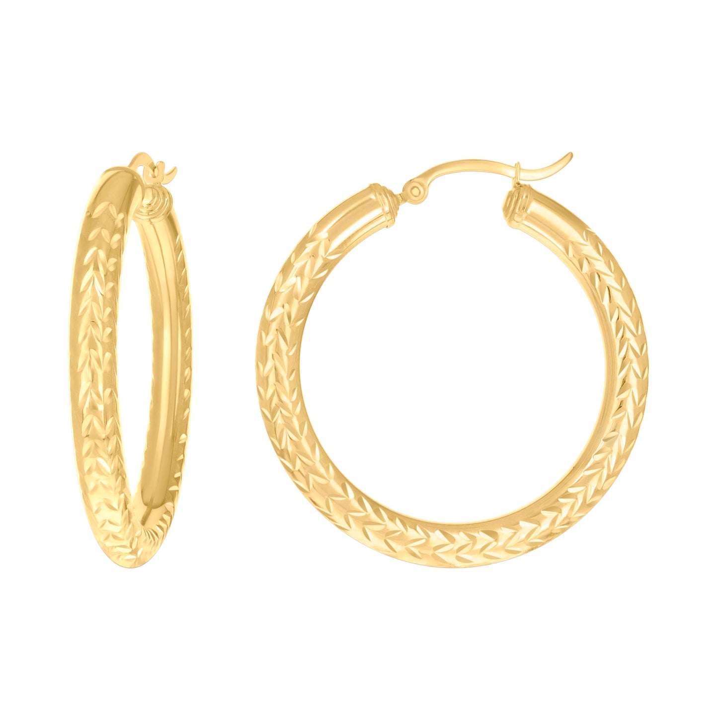10K Yellow Gold Womens Diamond-cut Round Tube Patterned Hoop Earrings 4mm