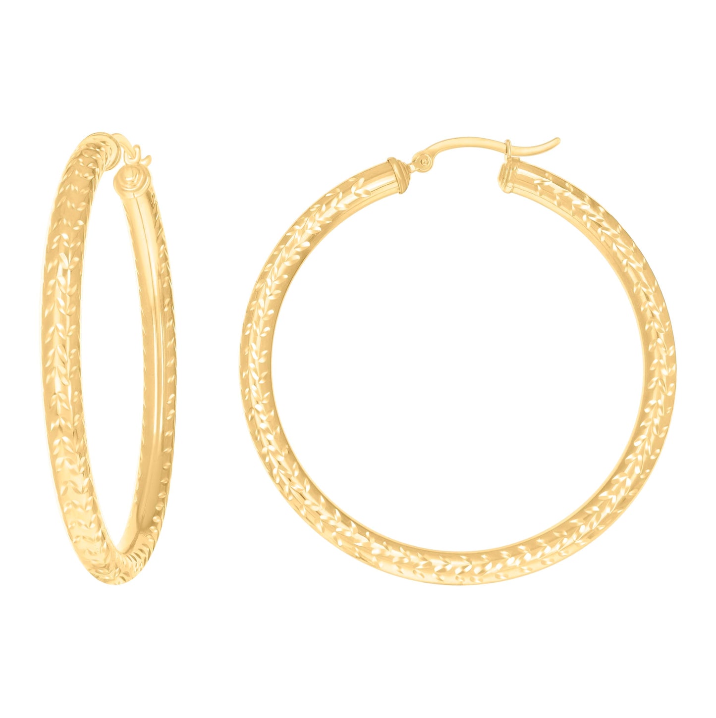 10K Yellow Gold Womens Diamond-cut Round Tube Patterned Hoop Earrings 4mm