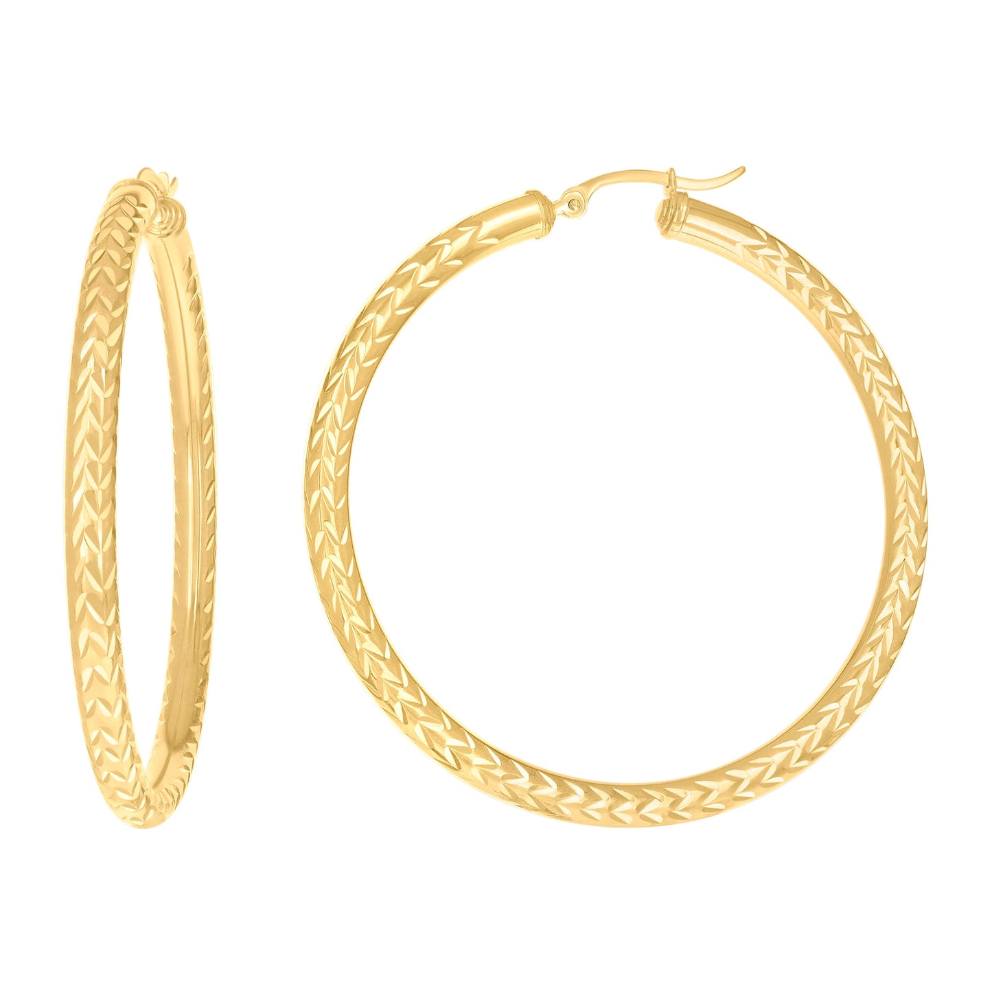 10K Yellow Gold Womens Diamond-cut Round Tube Patterned Hoop Earrings 4mm