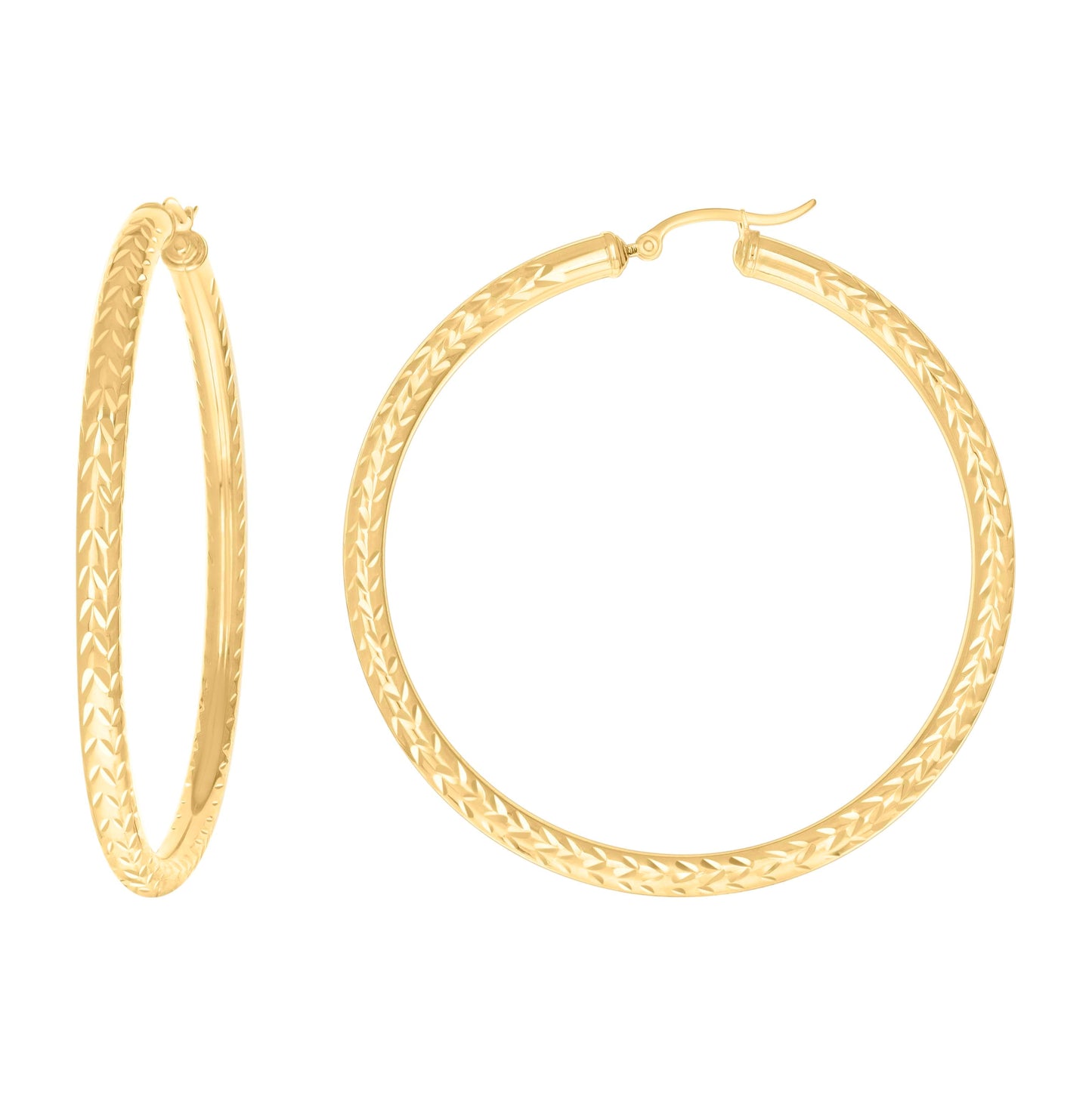 10K Yellow Gold Womens Diamond-cut Round Tube Patterned Hoop Earrings 4mm
