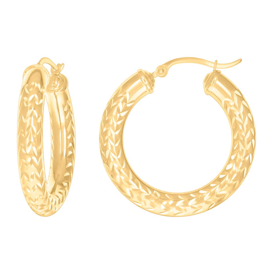 10K Yellow Gold Womens Round Tube Diamond-cut Patterned Fancy Hoop Earrings