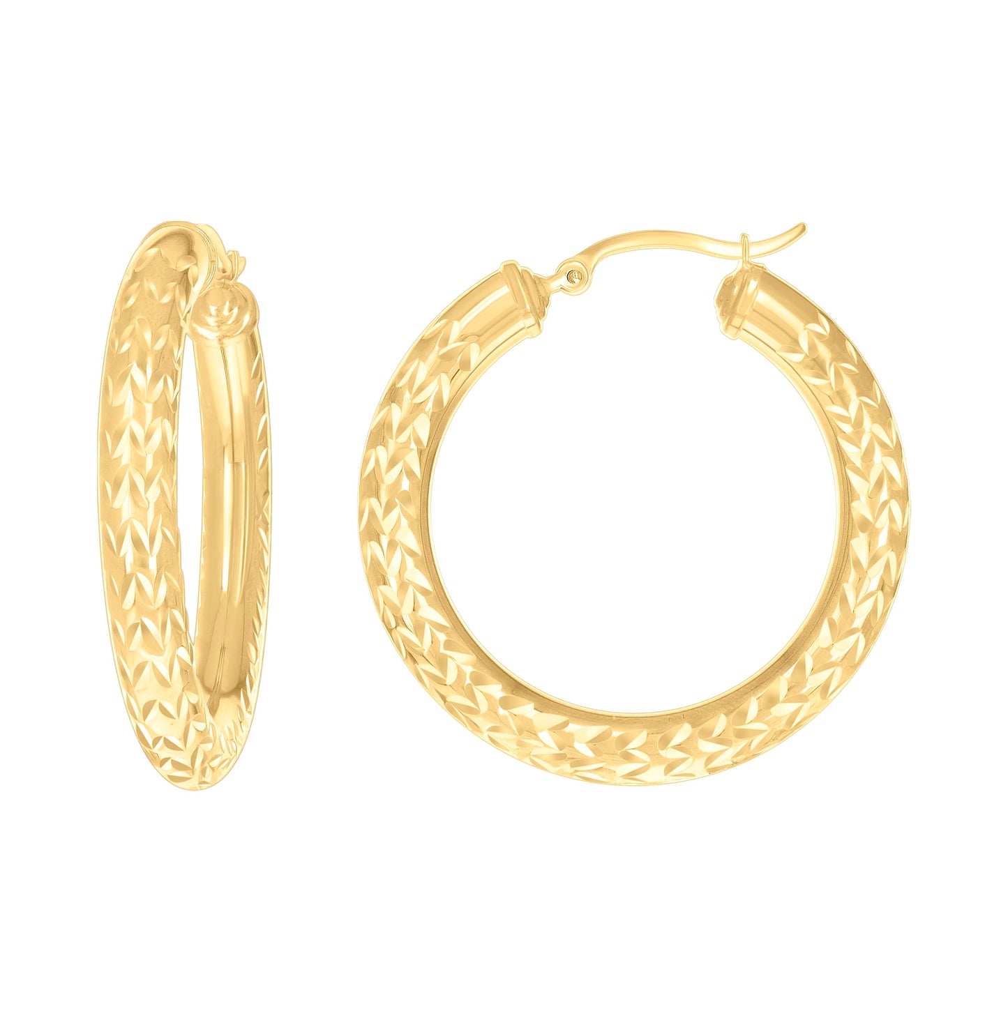 10K Yellow Gold Womens Round Tube Diamond-cut Patterned Fancy Hoop Earrings