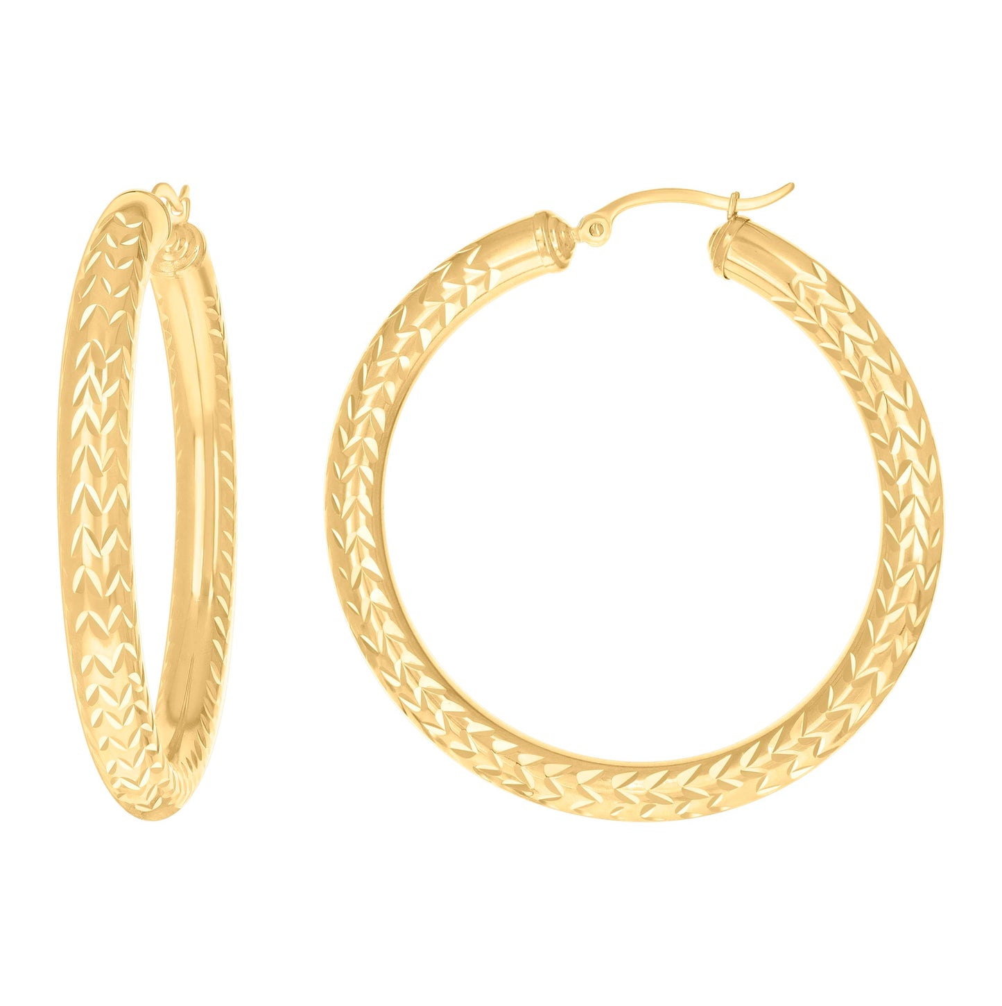 10K Yellow Gold Womens Round Tube Diamond-cut Patterned Fancy Hoop Earrings
