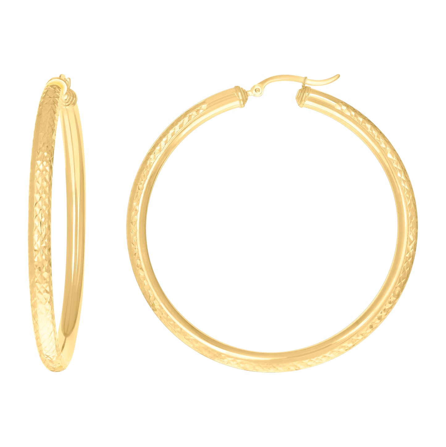 10K Yellow Gold Womens Round Tube Diamond-cut Patterned Fancy Hoop Earrings