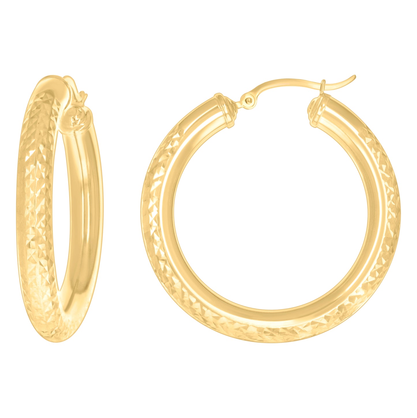 10K Yellow Gold Womens Round Tube Diamond-cut Patterned Fancy Hoop Earrings