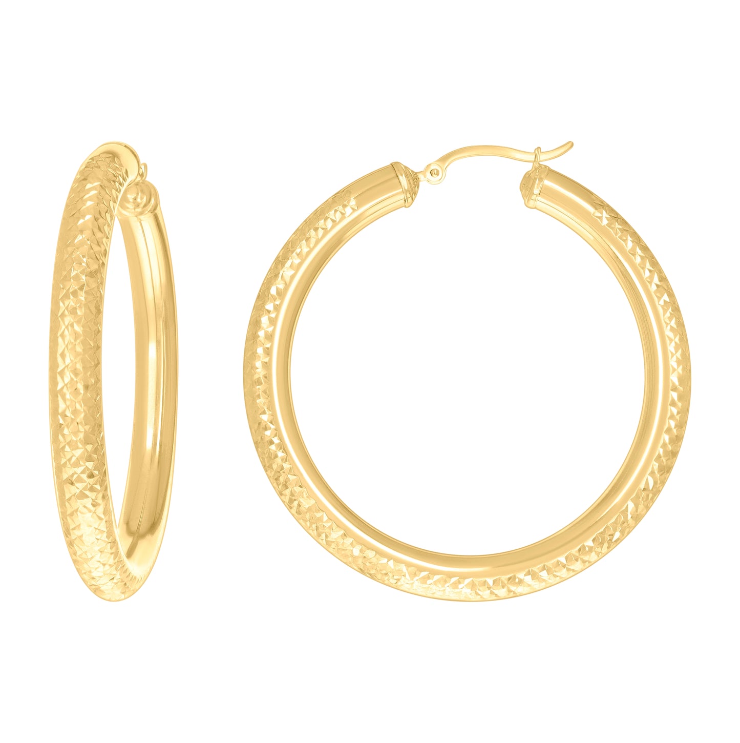 10K Yellow Gold Womens Round Tube Diamond-cut Patterned Fancy Hoop Earrings