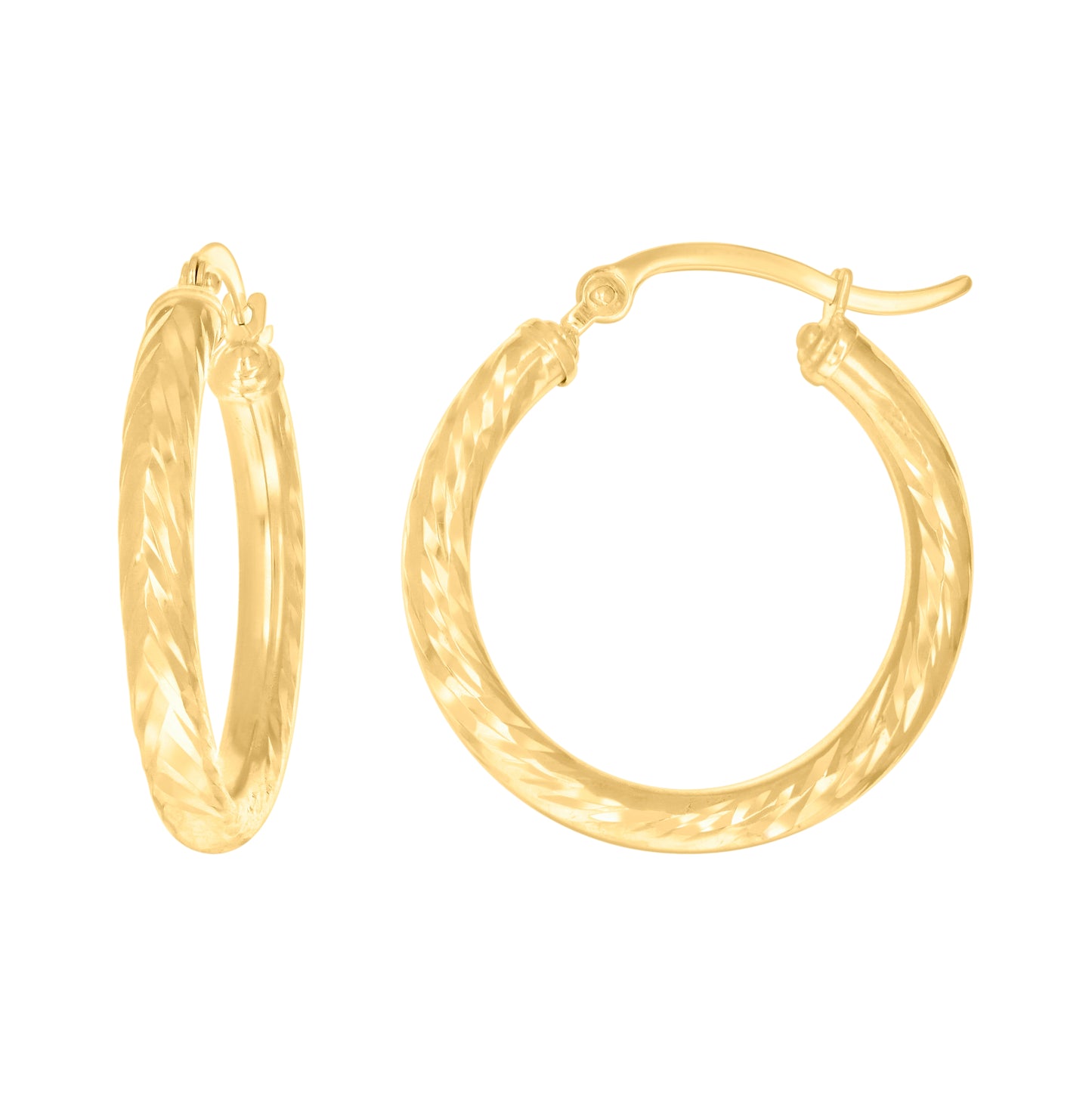 14K Yellow Gold Womens Round Tube Diamond-cut Patterned Fancy Hoop Earrings