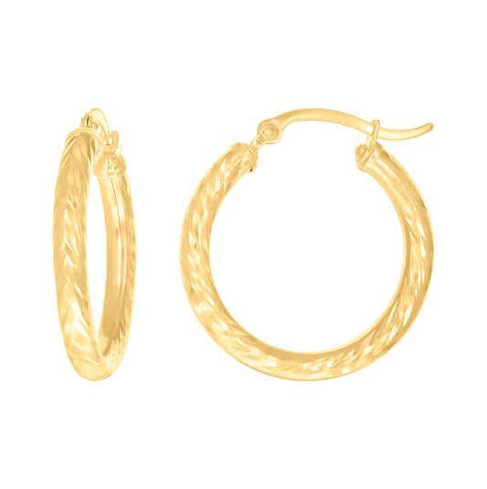 14K Yellow Gold Womens Round Tube Diamond-cut Patterned Fancy Hoop Earrings