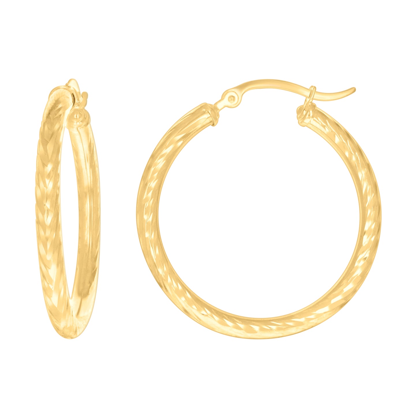 14K Yellow Gold Womens Round Tube Diamond-cut Patterned Fancy Hoop Earrings