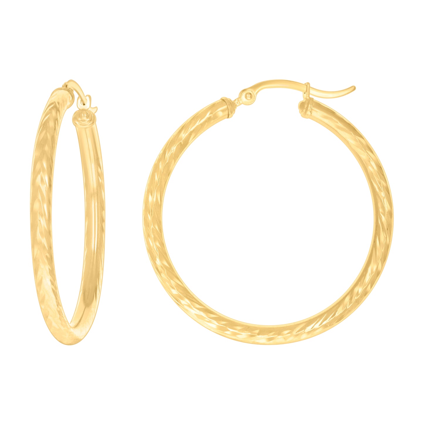 14K Yellow Gold Womens Round Tube Diamond-cut Patterned Fancy Hoop Earrings