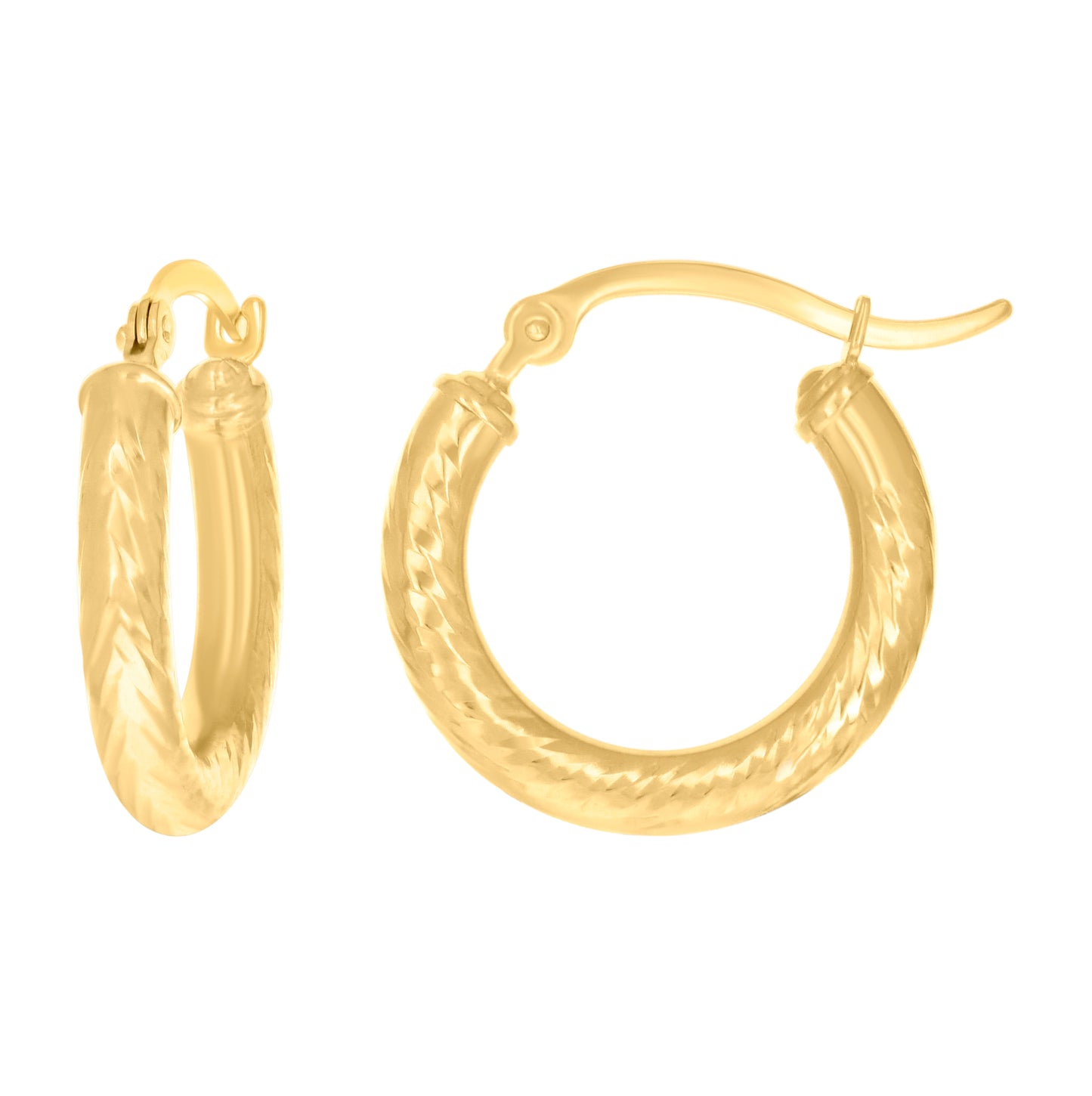 14K Yellow Gold Womens Round Tube Diamond-cut Patterned Fancy Hoop Earrings