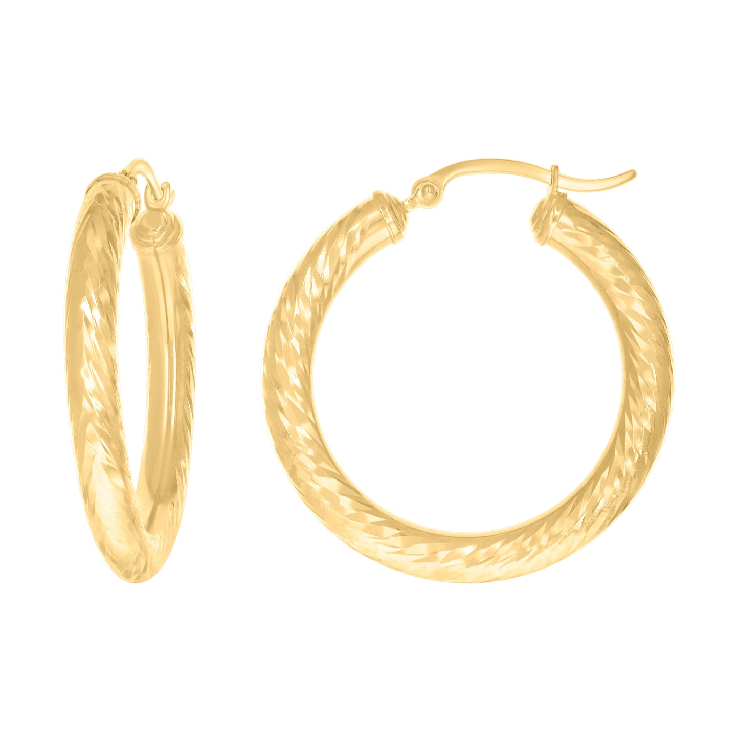 14K Yellow Gold Womens Round Tube Diamond-cut Patterned Fancy Hoop Earrings