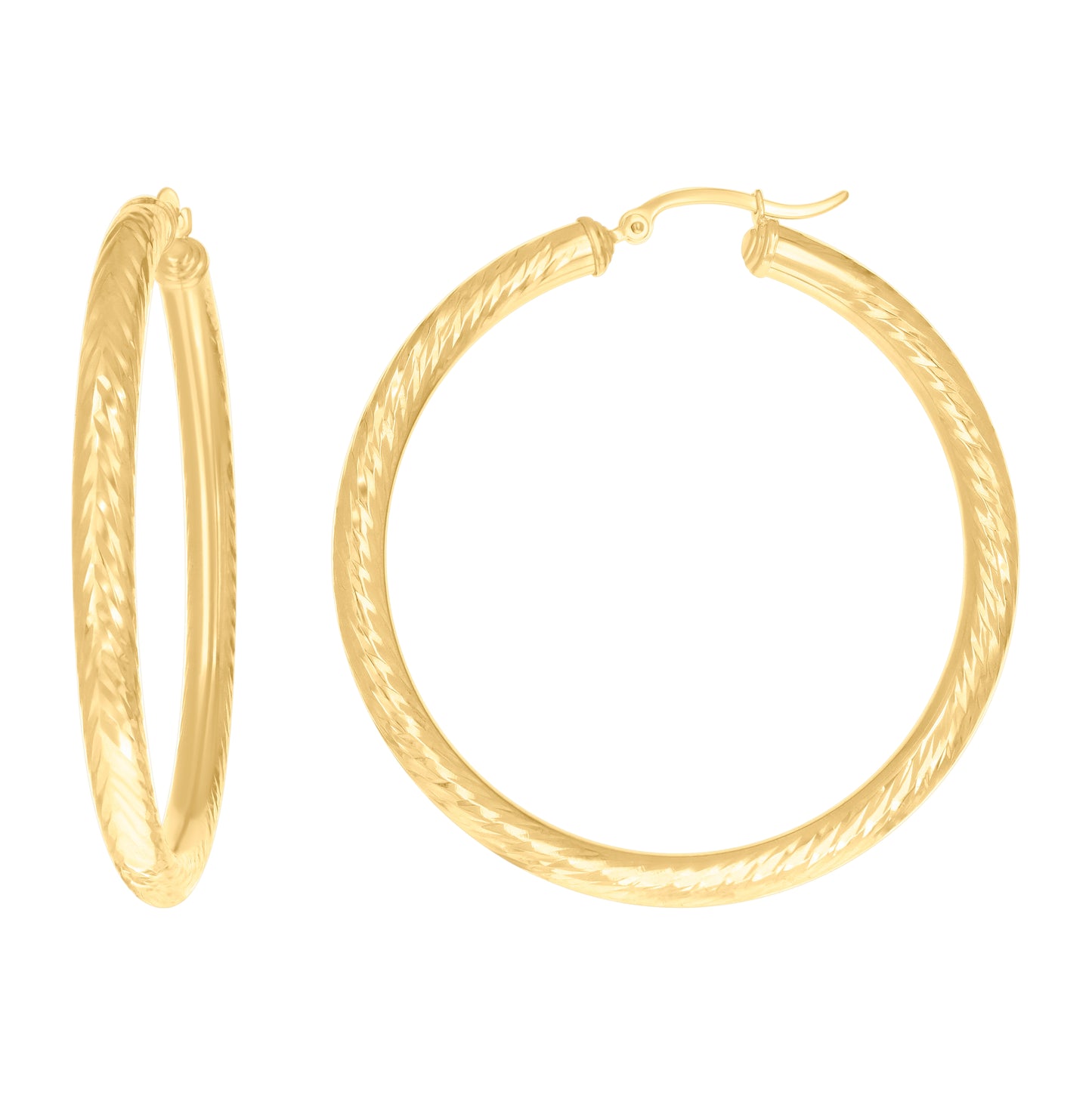 14K Yellow Gold Womens Round Tube Diamond-cut Patterned Fancy Hoop Earrings
