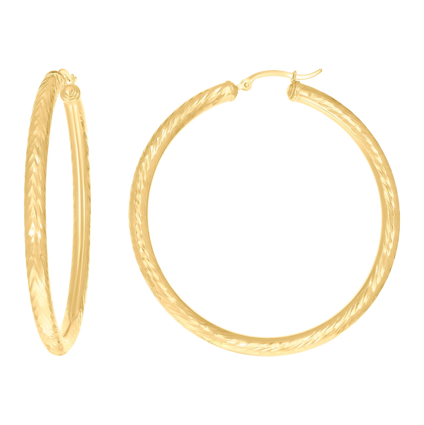 14K Yellow Gold Womens Round Tube Diamond-cut Patterned Fancy Hoop Earrings