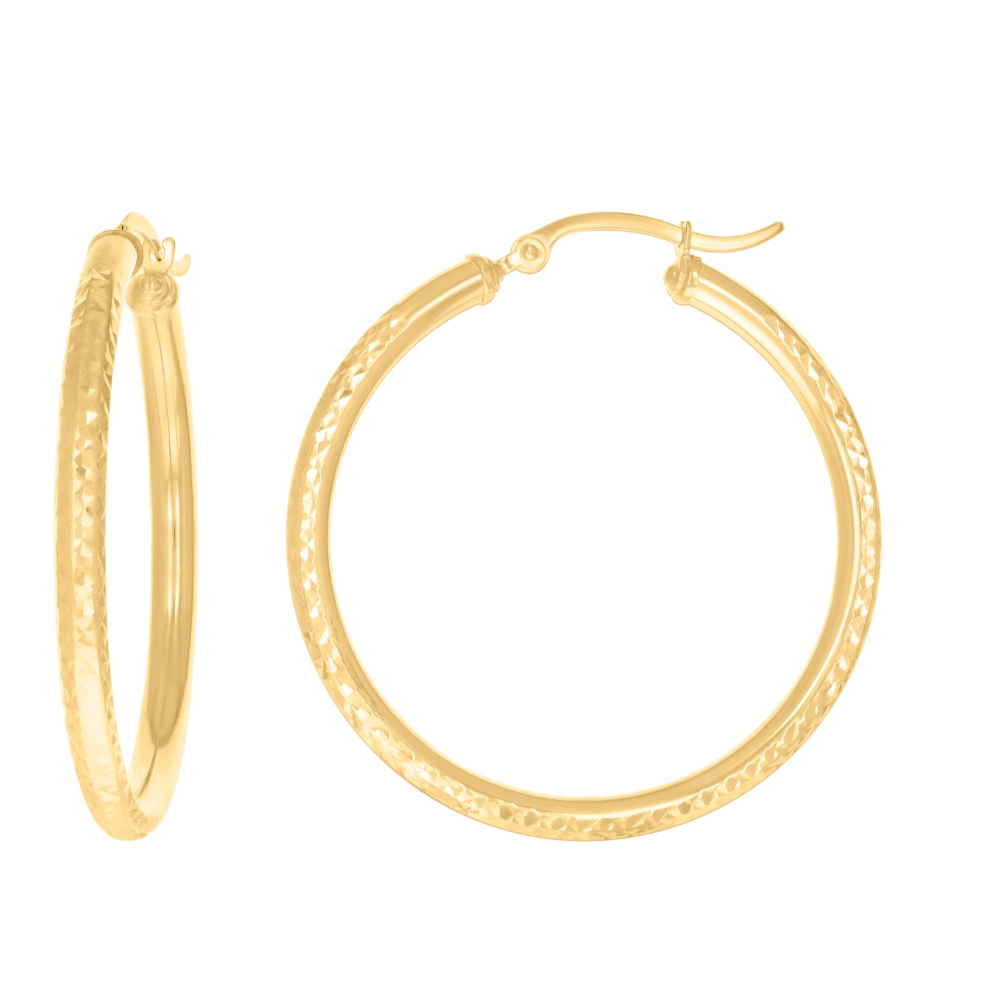 14K Yellow Gold Womens Round Tube Diamond-cut Patterned Fancy Hoop Earrings