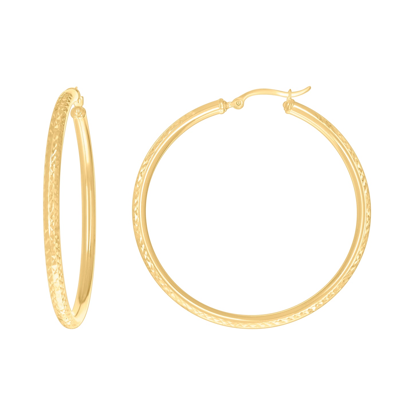14K Yellow Gold Womens Round Tube Diamond-cut Patterned Fancy Hoop Earrings
