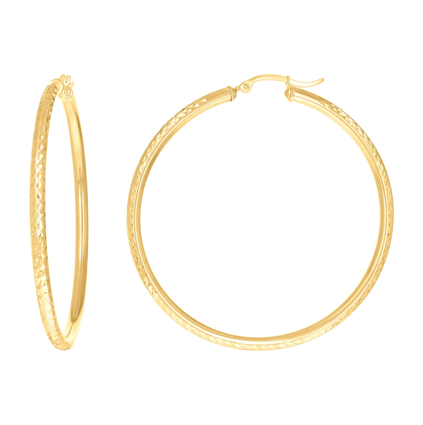 14K Yellow Gold Womens Round Tube Diamond-cut Patterned Fancy Hoop Earrings