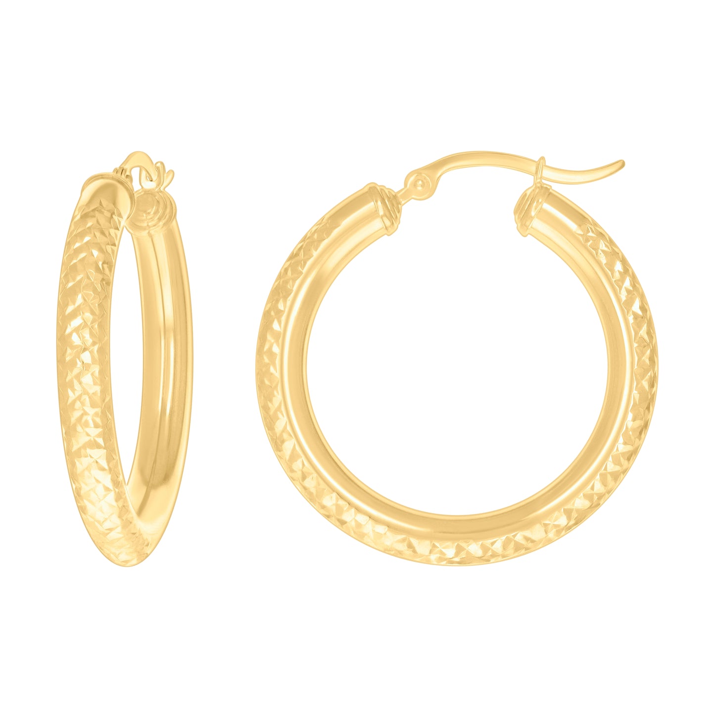 14K Yellow Gold Womens Round Tube Diamond-cut Patterned Fancy Hoop Earrings