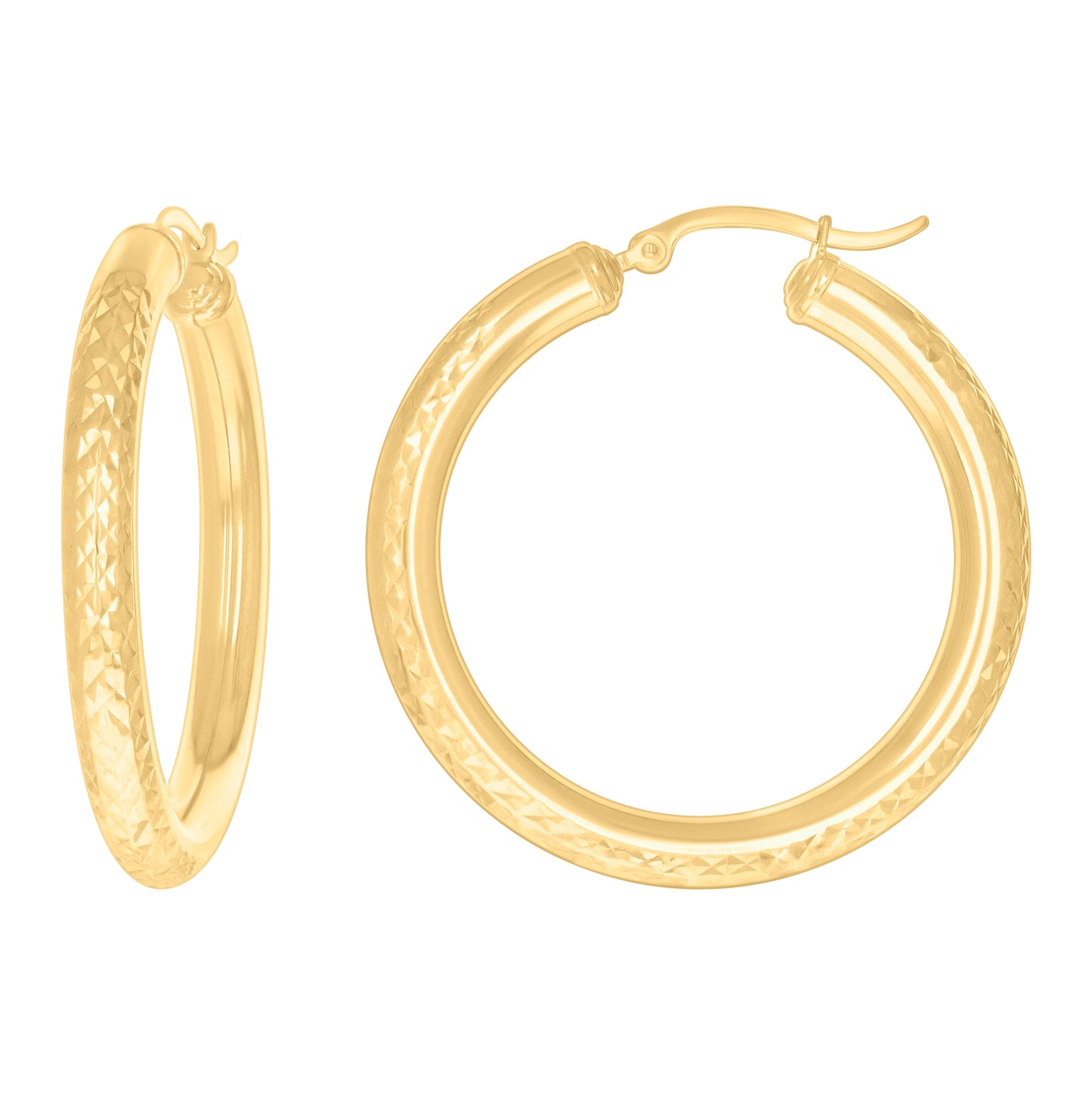 14K Yellow Gold Womens Round Tube Diamond-cut Patterned Fancy Hoop Earrings